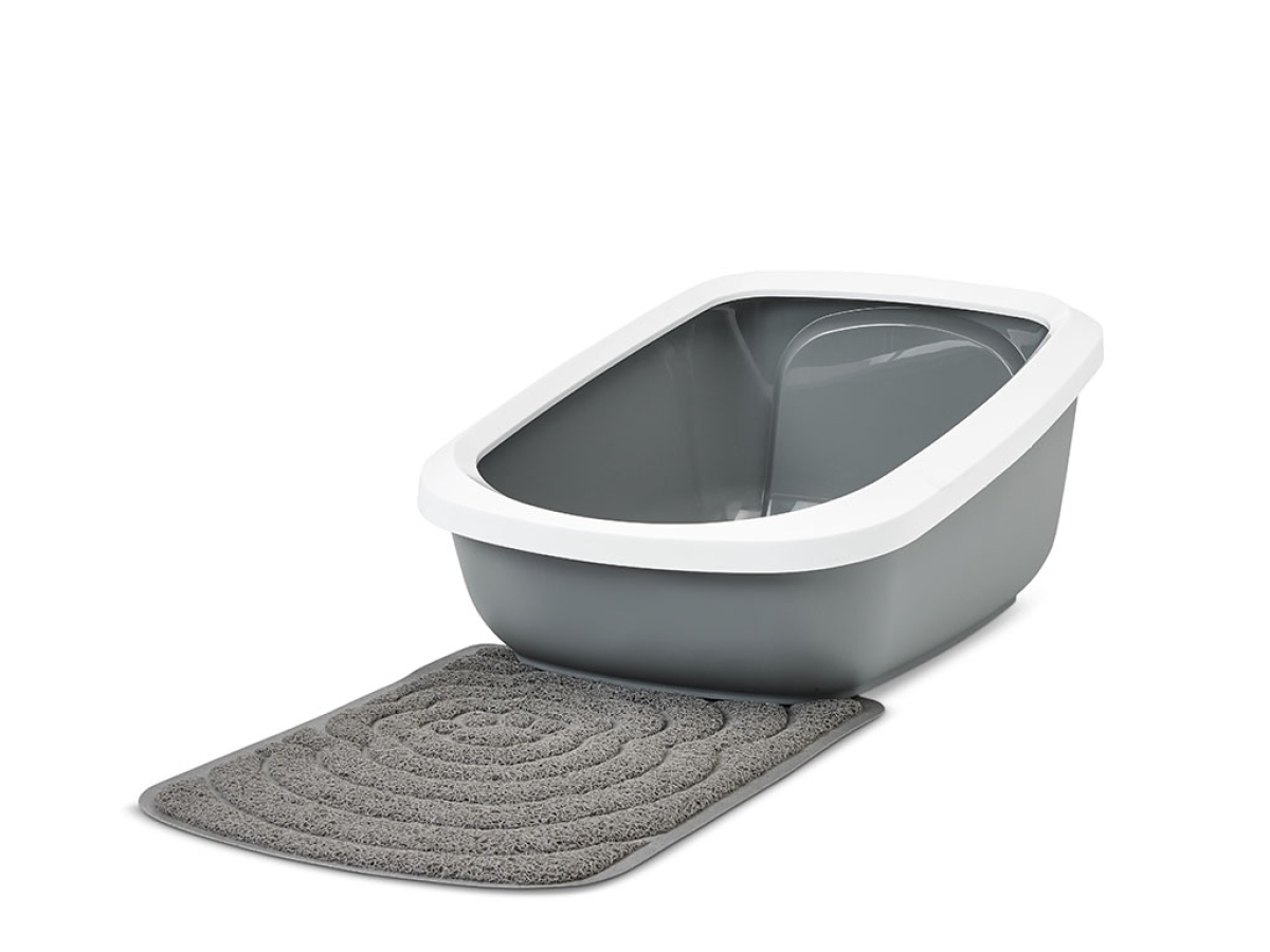Aseo Jumbo Cool Grey – Large High-Back Cat Litter Tray Savic Aseo Jumbo Cool Grey large high-back cat litter tray with white rim with Litter Tray Mat Aseo Jumbo