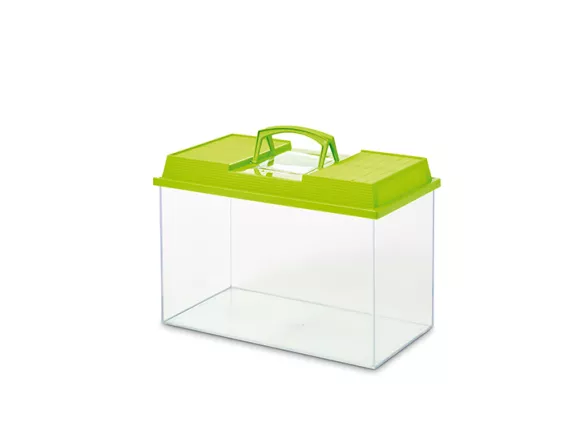 Fauna Box 10L terrarium with clear plastic design, ventilated lid, and easy-access door for pet care.
