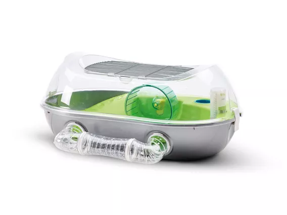 Spelos XL Metro small animal habitat with play tunnel, slide, exercise wheel, and ventilation grid.
