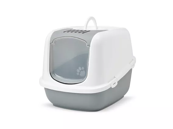 Nestor Jumbo toilet home in white top and cool grey bottom, designed for large cats with optional litter bags and mat.