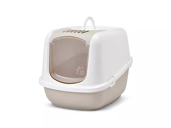 Nestor Jumbo litter box with mocha base, spacious design for large cats, foldable front, and odour control features.