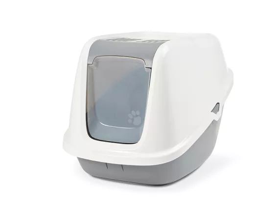 Nestor Giant litter box with cool grey base, extra-large size for big cats, foldable front, and odour control features.