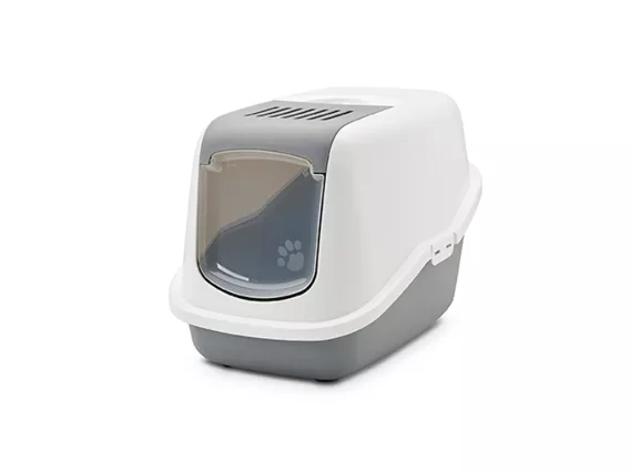 Nestor litter box with cool grey base and white hood, featuring a foldable front, high back, and odour control for a clean home.