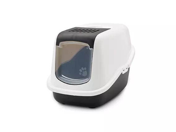 Nestor litter box with black base and white hood, featuring a foldable front, high back, and odour control for a clean home.