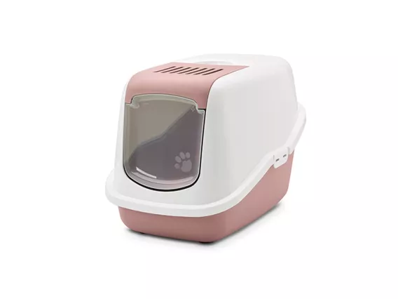 Nestor litter box with ash rose base and white hood, featuring a foldable front, high back, and odour control for a clean home.