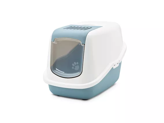Nestor litter box with bluestone base and white hood, featuring a foldable front, high back, and odour control for a clean home.