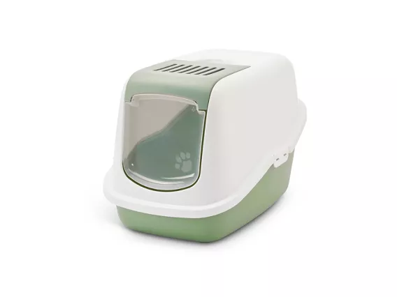 Nestor litter box with botanical green base and white hood, featuring a foldable front, high back, and odour control for a clean home.