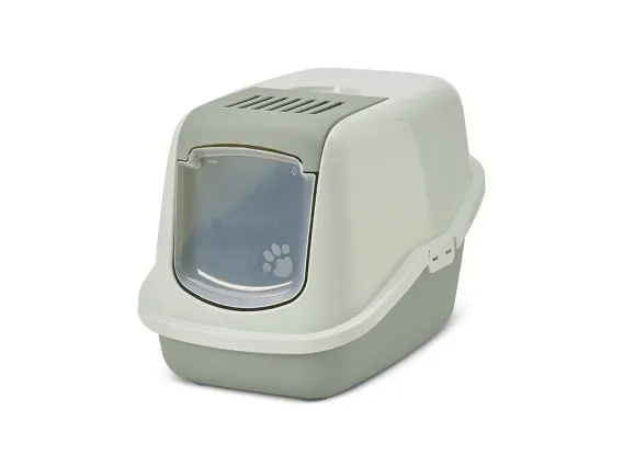 Savic Nestor covered cat litter box in eucalyptus green and mint cream with foldable front and swing door.