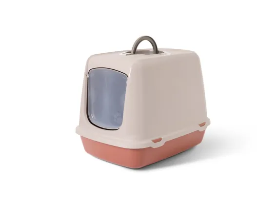 Oscar litter box in tuscan red with a champagne rose hood, featuring a hooded design, swing door, carbon filter, and easy-to-clean setup.