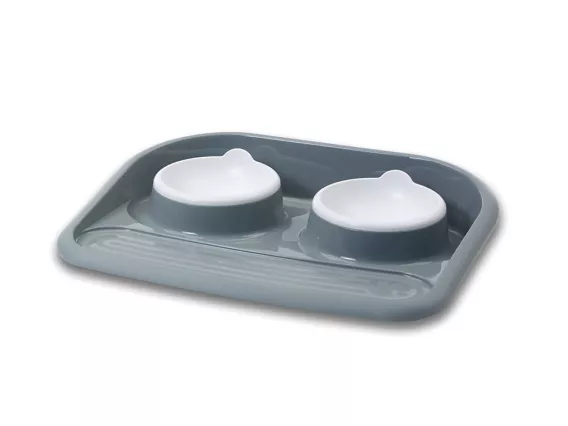 Butler food serving tray in cool grey with two removable white bowls, featuring a raised rim and non-slip feet for mess-free feeding.
