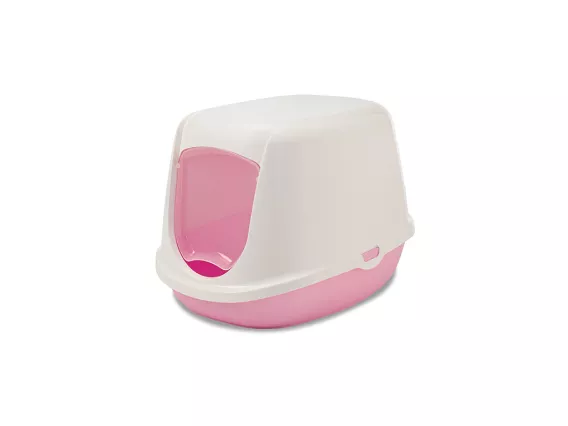 Duchesse cat litter box in baby pink and white, featuring a kitten-friendly design with a small gap swing door and decorative paw prints.