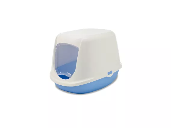 Duchesse cat litter box in pale blue and white, featuring a kitten-friendly design with a small gap swing door and decorative paw prints.