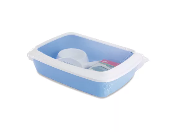 Iriz Starter Kit - Pale Blue litter tray with rim, feeding bowl, scoop, and litter tray bags for kittens
