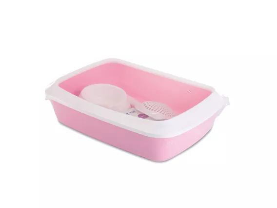Iriz Starter Kit in baby pink with a white rim, featuring a litter tray, feeding bowl, scoop, and litter tray bags for easy kitten toilet training.
