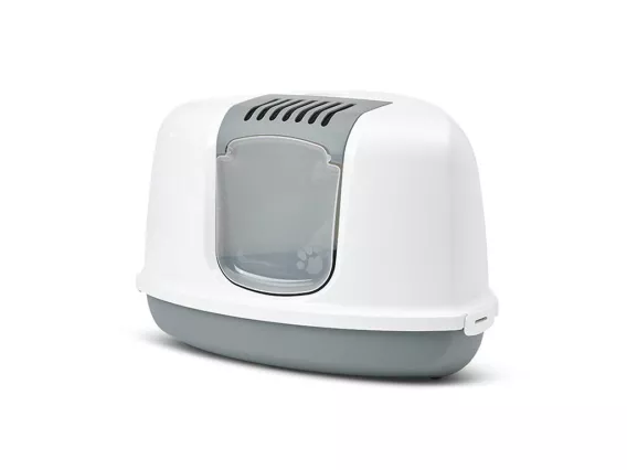 Nestor Corner cat litter box – cool grey base with white hood, triangular design for corner placement, with folding front panel and built-in odour filter.