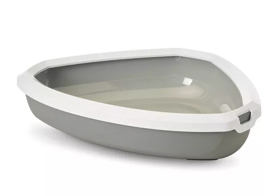 Cool grey and white Rincon corner litter tray with a removable rim, low entry, and space-saving design for small and modern homes.