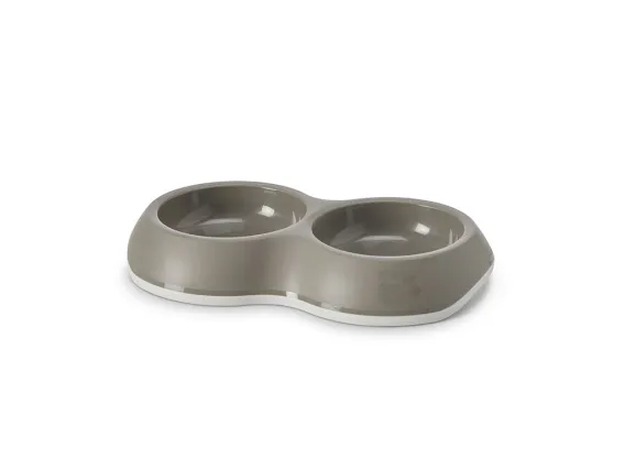 Savic Delice Double Bowl warm grey dual feeding bowl for cats and small dogs, 2 x 0.2 L, 15.5 x 26 x 4 cm.