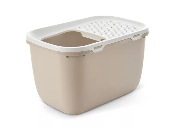 Hop In Giant top-entry litter tray in mocha with a white lid, featuring high sides, a sloping lid to reduce mess, and ample space for large cat breeds or multi-cat households.
