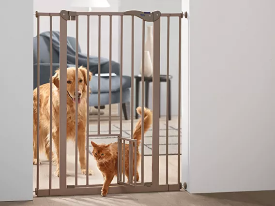 Dog Barrier Door – 107 cm extra-strong pet gate with a built-in small pet door, adjustable width, and no-drill installation for secure home use.
