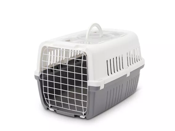 Zephos 2 Open pet carrier in cool grey & white, featuring a dual-door design, superior ventilation, and a sturdy handle for secure and comfortable pet travel.