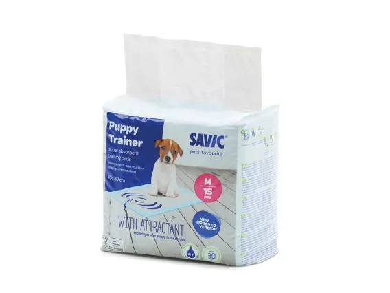 Puppy Trainer Medium Pads – Pack of 15 ultra-absorbent, quick-drying training pads with pheromone attractant, leak-proof backing, and odour control for small to medium breed puppies.