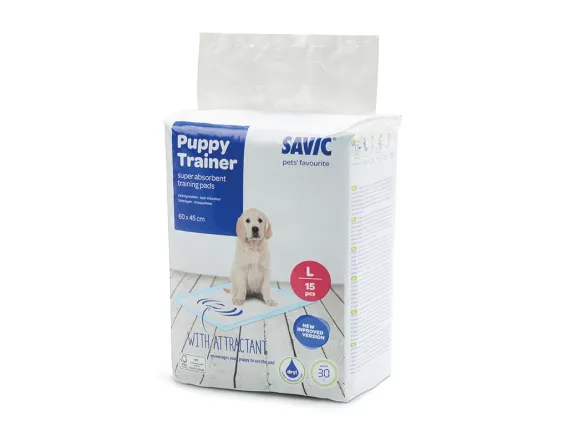 Puppy Trainer Large Pads – Pack of 15 ultra-absorbent, quick-drying training pads with pheromone attractant, leak-proof backing, and odour control for medium to large breed puppies.