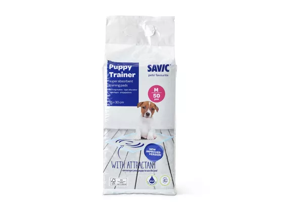 Puppy Trainer Medium Pads – Pack of 50 ultra-absorbent, quick-drying training pads with pheromone attractant, leak-proof backing, and odour control for small to medium breed puppies.