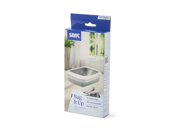 Bag It Up Medium litter tray bags – eco-friendly, 30% recycled plastic, with twist ties for easy disposal. Prevents odours & extends tray lifespan.