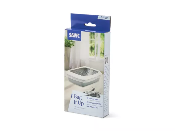 Bag It Up Large litter tray bags – eco-friendly, 30% recycled plastic, with twist ties for easy disposal. Prevents odours & extends tray lifespan.