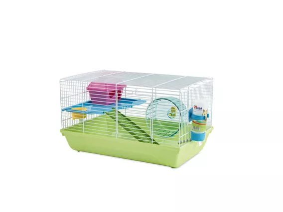 Martha Double small animal cage with white wire, colourful base, and vibrant accessories – includes platform, hideaway, feeding bowl, exercise wheel, and drinking bottle