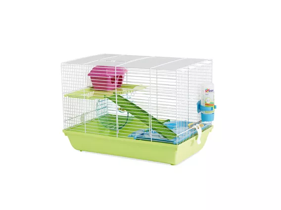 Martha Triple small animal cage with white wire top, colourful base, and accessories, featuring two levels, ladders, a hideaway, an exercise wheel, and a feeding bowl