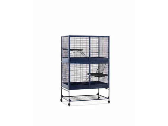 Large navy blue Royal Suite 100 Double animal cage with double doors, platforms, storage stand and wheels