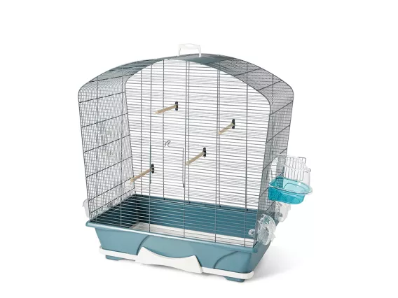 Louise 50 bird cage with bluestone wire and base, white drawer, perches, feeding bowls, water fountain, and bird bath