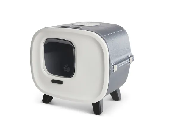 Mira de Luxe cat litter box in anthracite with a leather-look finish, high carbon filter odour control, non-slip feet, and a fully opening front panel for effortless cleaning.