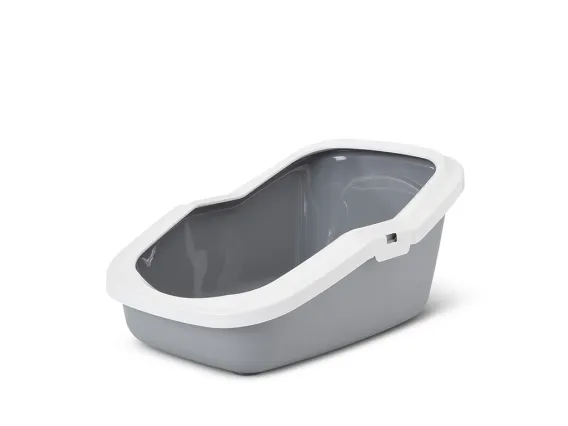 Aseo litter tray with cool grey base and white rim, high back, and low entry for easy access and litter containment.